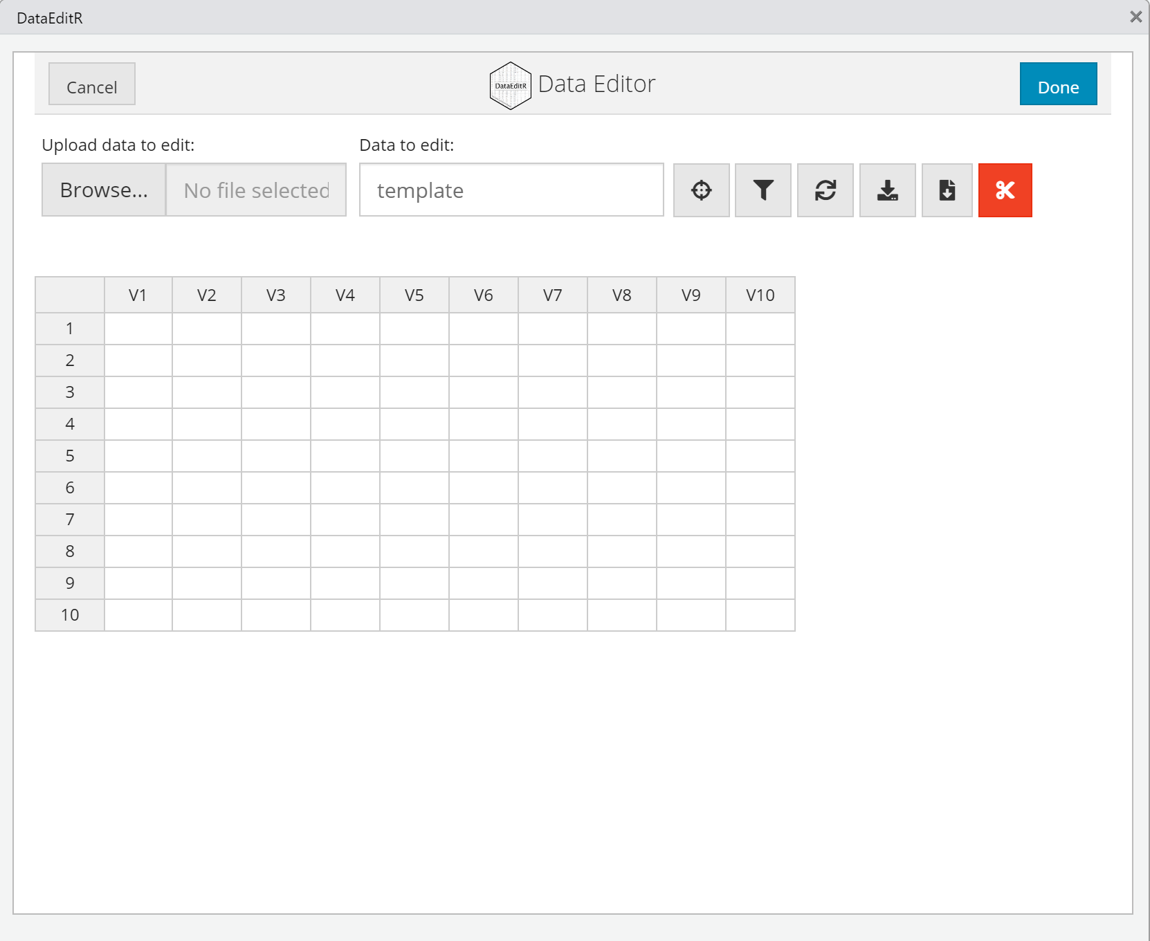 Ouverture du tableur de DataEditR